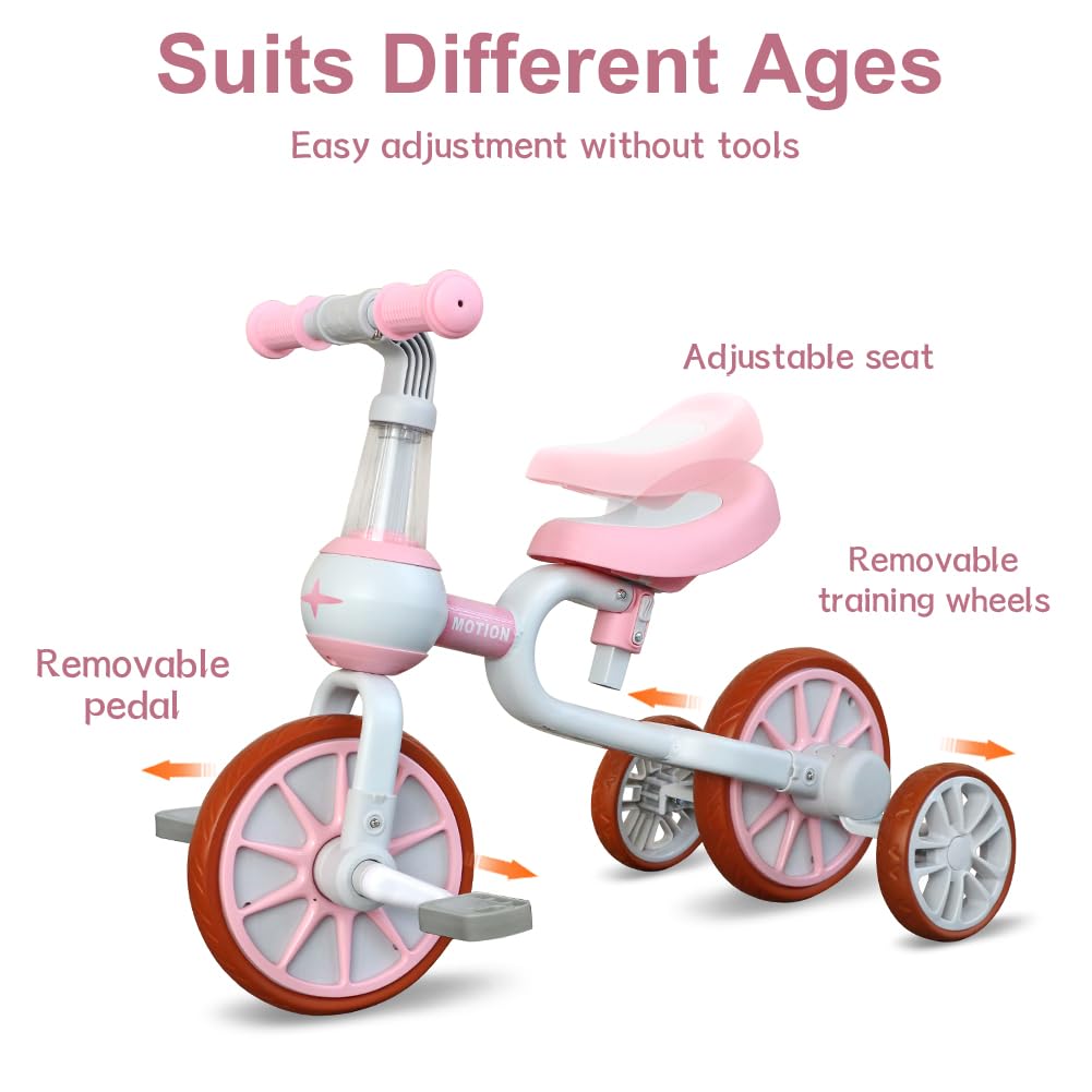3 in 1 Toddler Bike with Adjustable Seat, Detachable Pedal and Training Wheels, Pink K914
