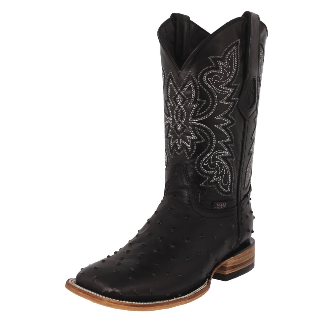 Black Ostrich Quill Print Leather Square Toe Cowboy Boots G364947