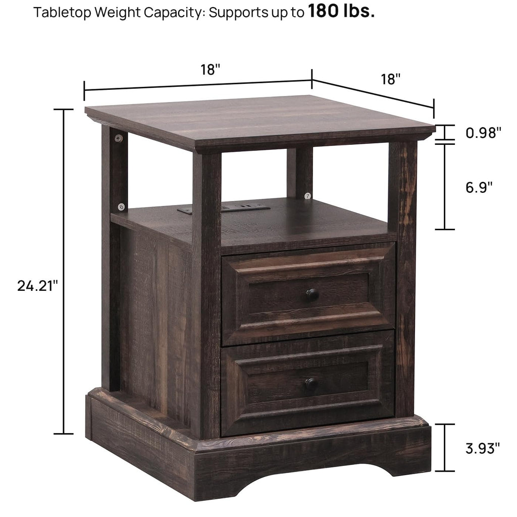 24" Tall Nightstand Set of 2 with Charging Station, 2 Drawers I868