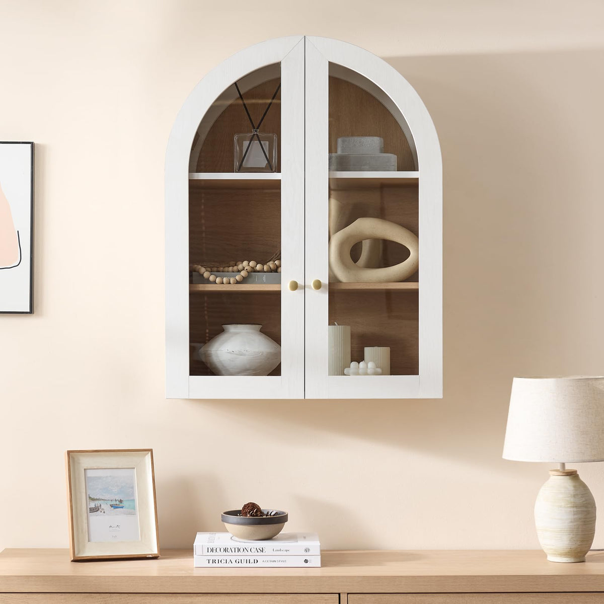 White Arched Wall Mount Bathroom Cabinet with Glass Doors V364