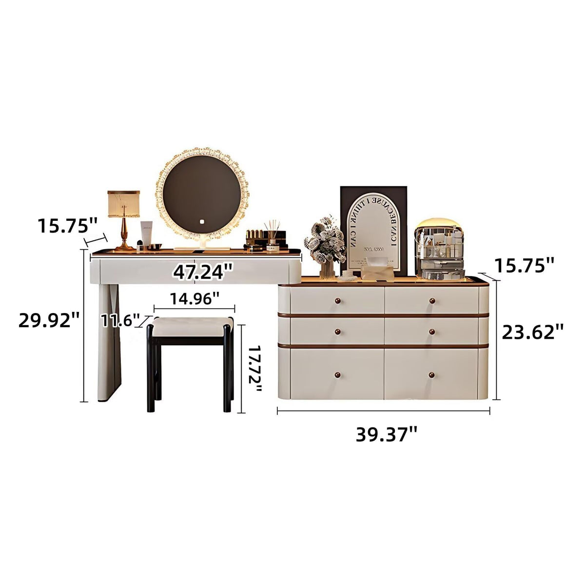 Leather Makeup Vanity with Tempered Glass Top & LED Light C888676