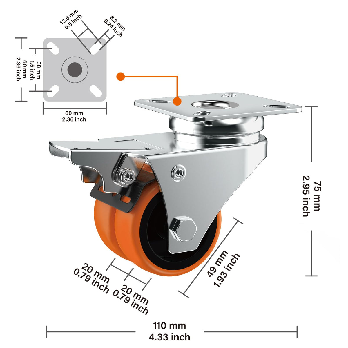2" Double Wheel Casters with Brake 4 Pack O350