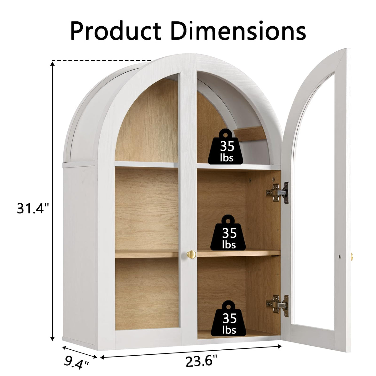 White Arched Wall Mount Bathroom Cabinet with Glass Doors V364