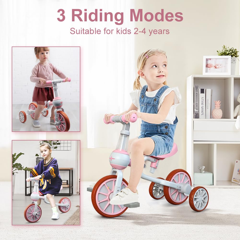3 in 1 Toddler Bike with Adjustable Seat, Detachable Pedal and Training Wheels, Pink K914
