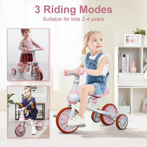 3 in 1 Toddler Bike with Adjustable Seat, Detachable Pedal and Training Wheels, Pink K914