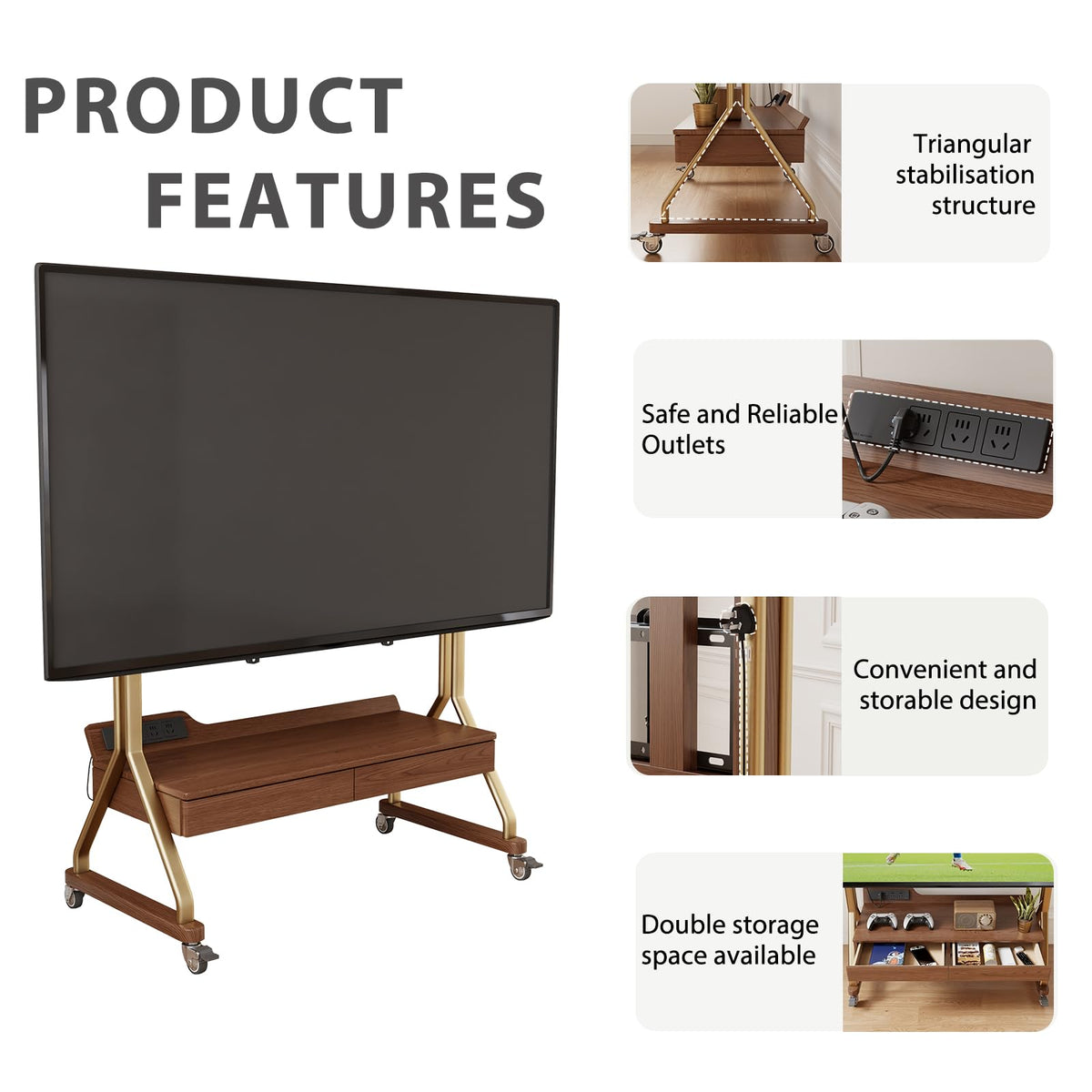 Rolling TV Stand with Wheels for 40-75" TVs, Height Adjustable, 2 Drawers O1707