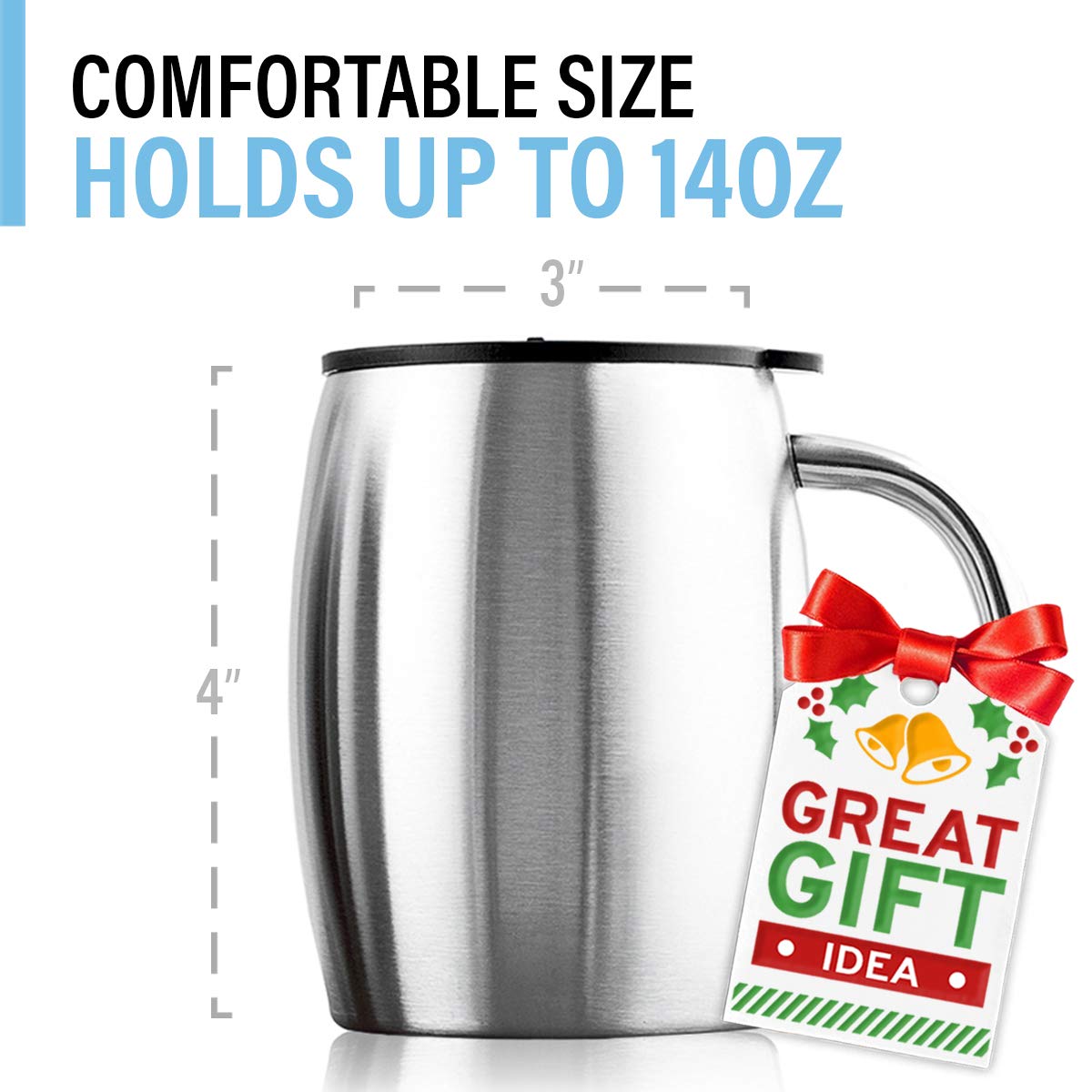 Stainless Steel 14 oz Double Walled Coffee Mugs Set of 2 with Lid & Handle F40001