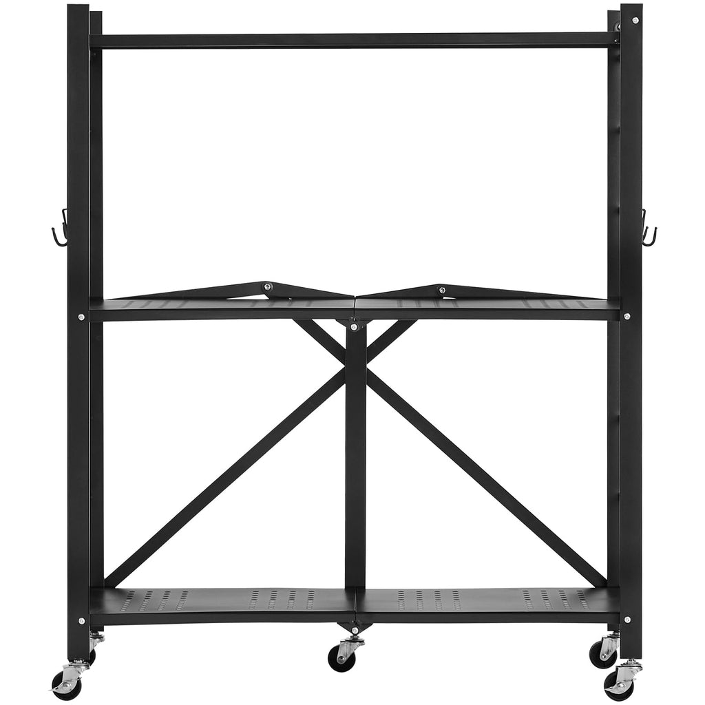 3-Tier Foldable Metal Storage Shelf with Wheels and Hooks, Black L42681