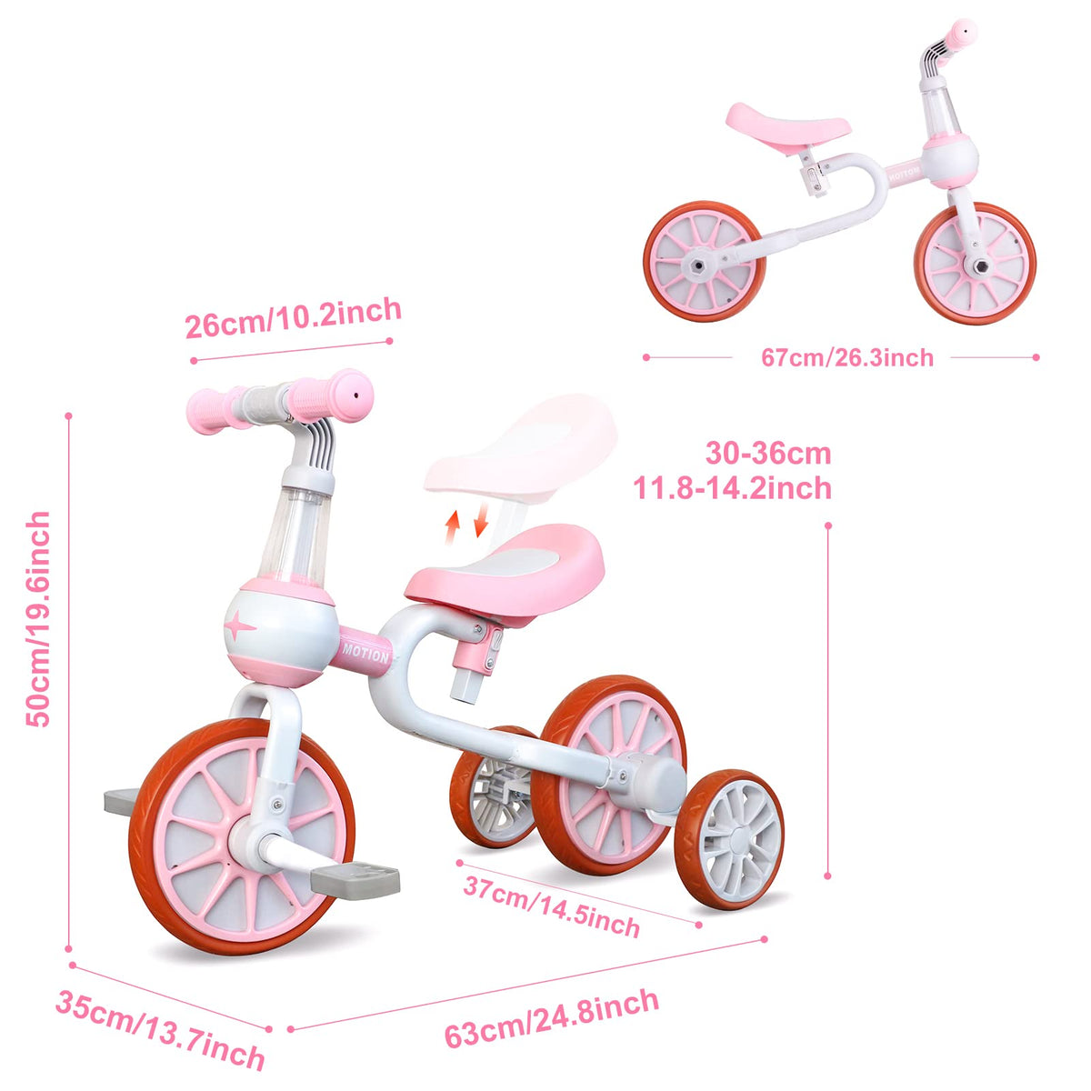 3 in 1 Toddler Bike with Adjustable Seat, Detachable Pedal and Training Wheels, Pink K914