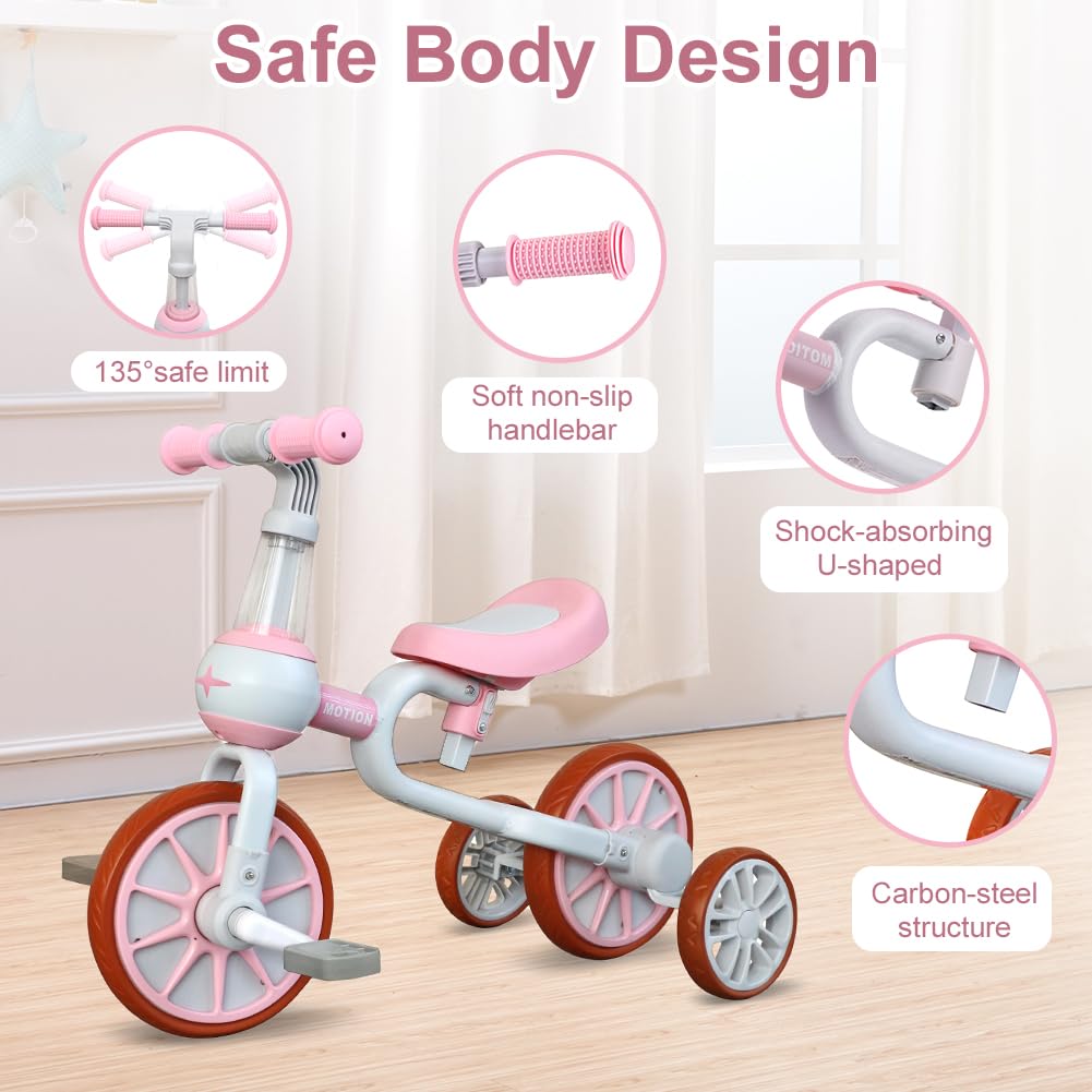 3 in 1 Toddler Bike with Adjustable Seat, Detachable Pedal and Training Wheels, Pink K914