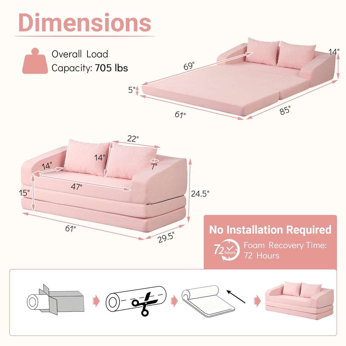 61" Pink Convertible Futon Sofa Bed F34655