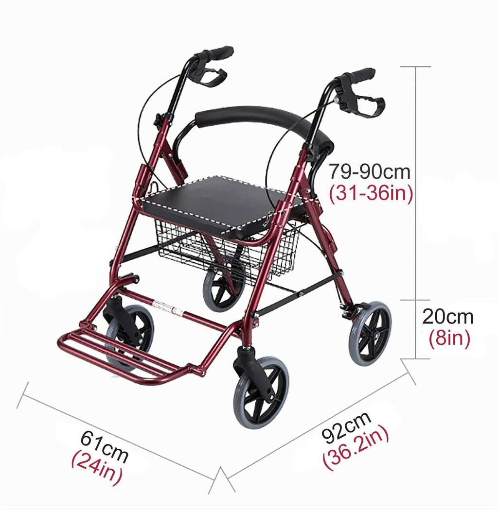 Foldable Rollator Walker with Leather Seat, 8inch Wheels, Brakes and Footrest H506
