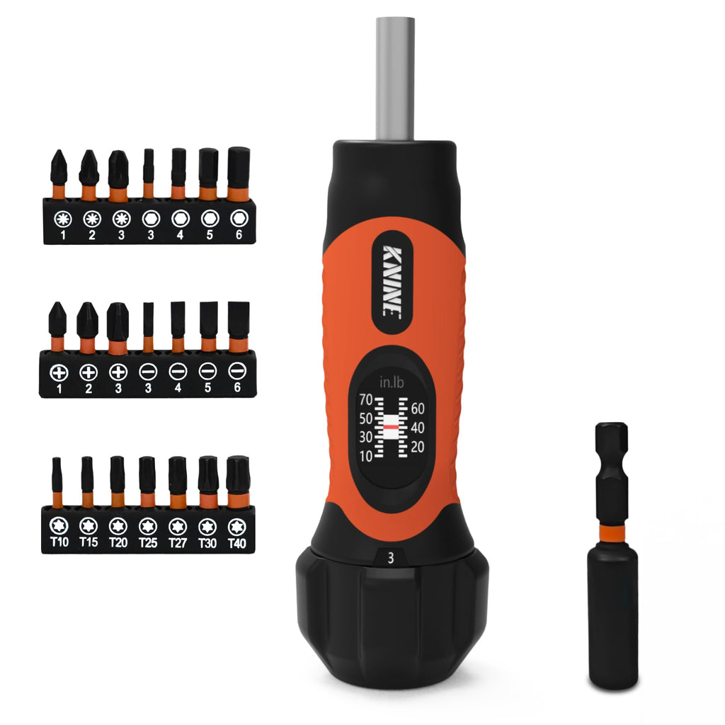 Torque Screwdriver Wrench Set 10-70 Inch Pounds 21 Hex Bits Orange J35144