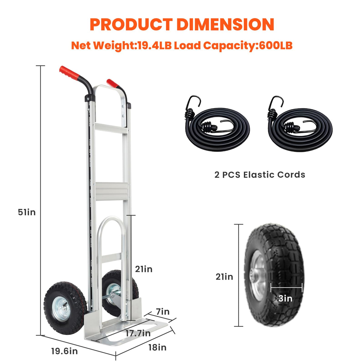 Aluminum Hand Truck Dolly Cart with 10" Pneumatic Tire, 600 LBS Capacity O73341