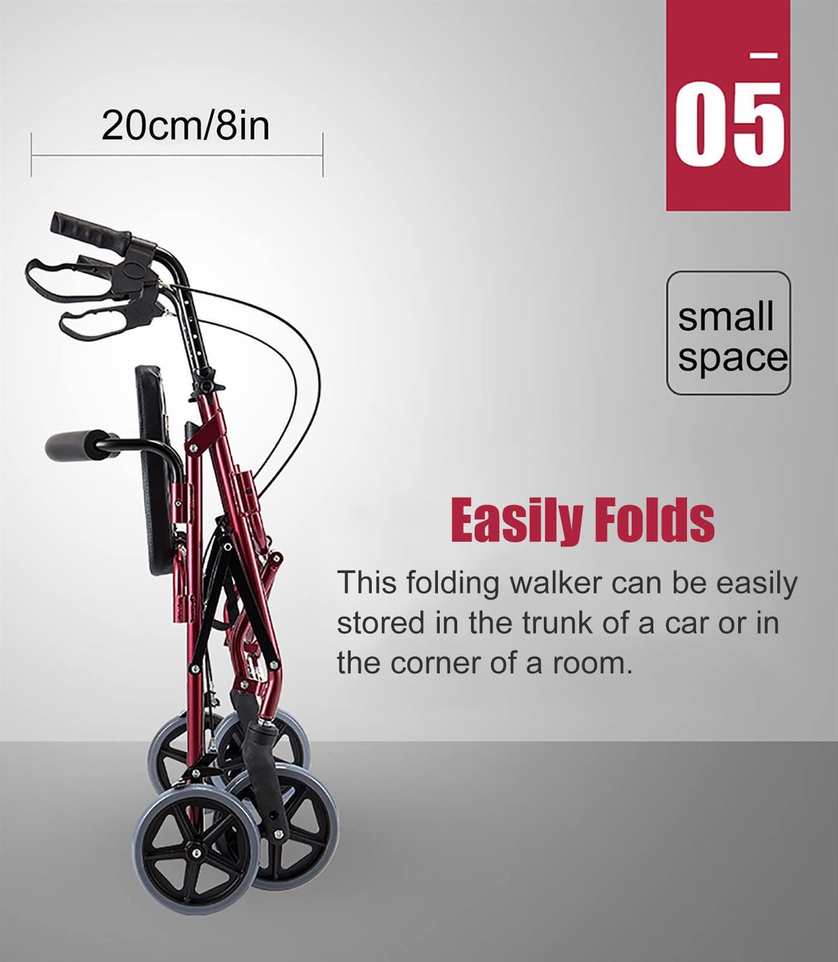 Foldable Rollator Walker with Leather Seat, 8inch Wheels, Brakes and Footrest H506