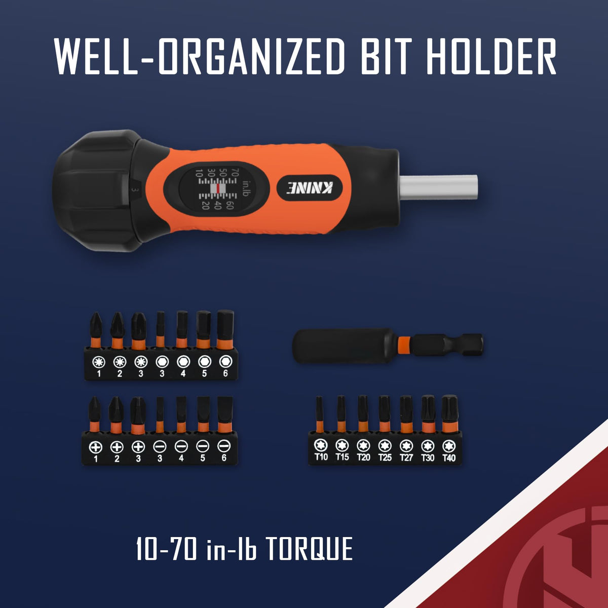 Torque Screwdriver Wrench Set 10-70 Inch Pounds 21 Hex Bits Orange J35144