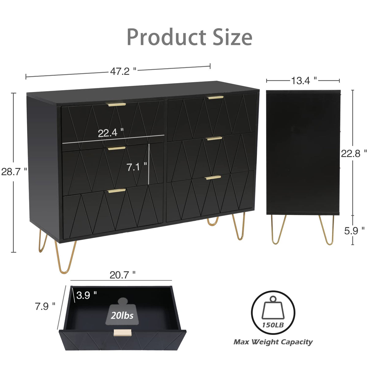 Black 6 Drawer Dresser and 2 Drawer Nightstand Set of 2 J60790