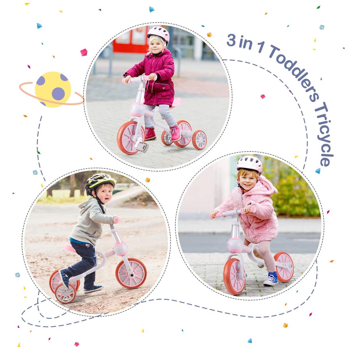 3 in 1 Toddler Bike with Adjustable Seat, Detachable Pedal and Training Wheels, Pink K914