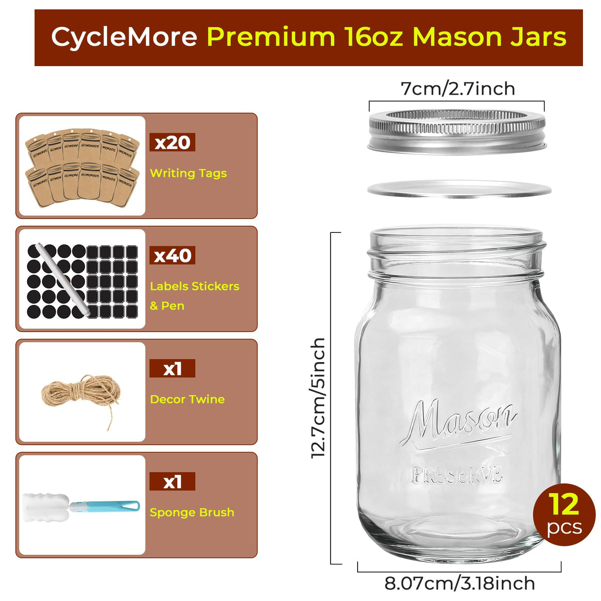 16oz 12 Pack Mason Jars with Airtight Lids A861080
