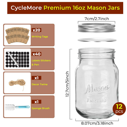 16oz 12 Pack Mason Jars with Airtight Lids A861080