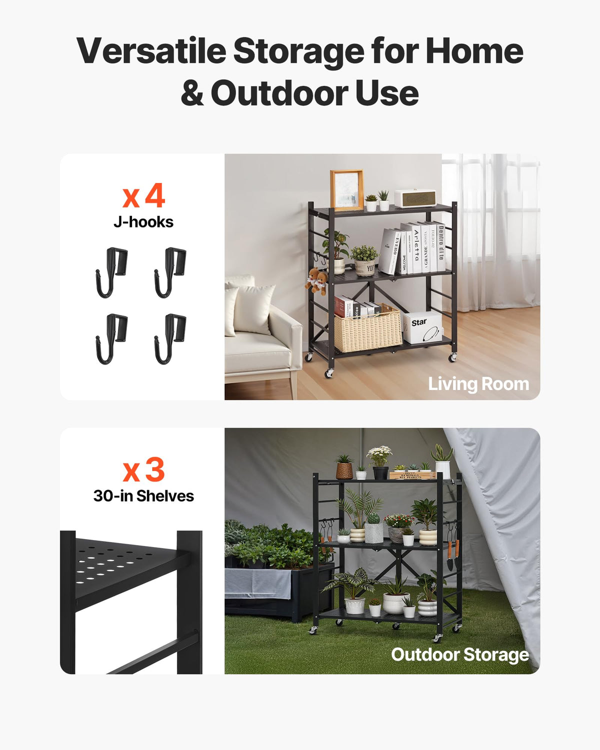 3-Tier Foldable Metal Storage Shelf with Wheels and Hooks, Black L42681