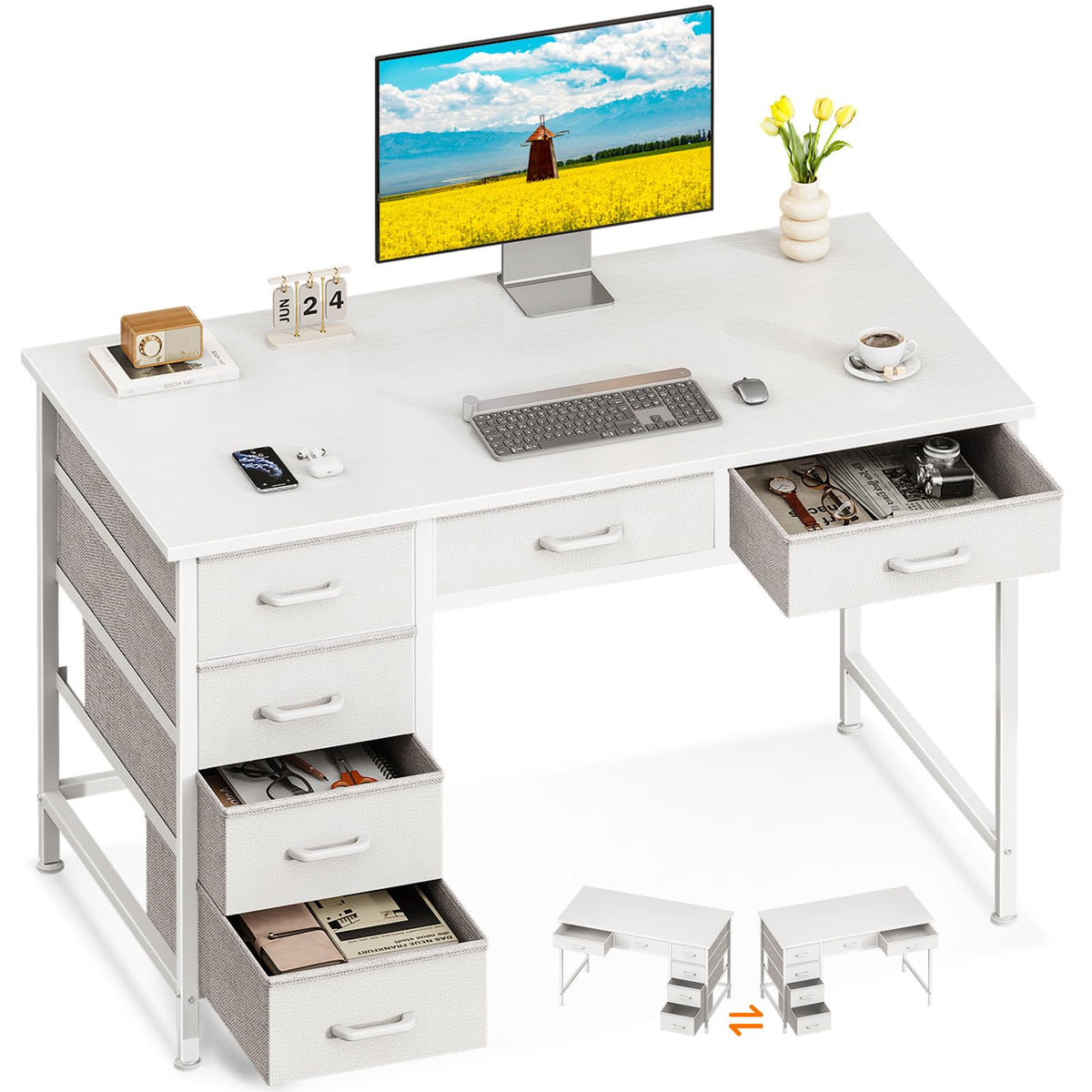 White Computer Desk with 6 Drawers I963394