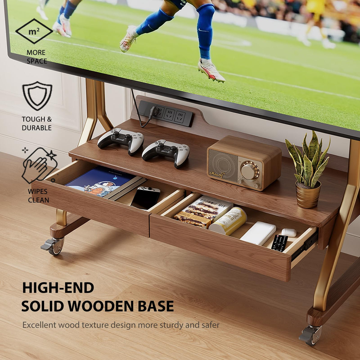 Rolling TV Stand with Wheels for 40-75" TVs, Height Adjustable, 2 Drawers O1707