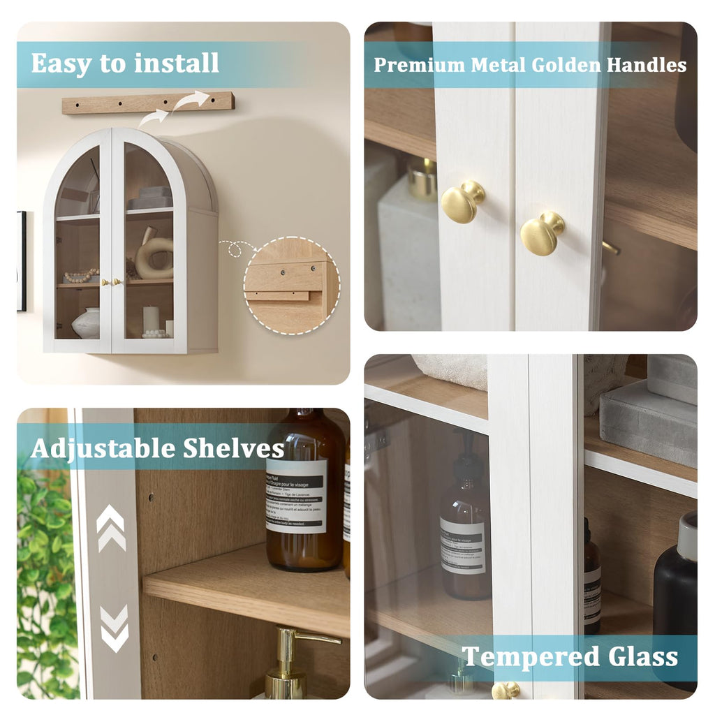 White Arched Wall Mount Bathroom Cabinet with Glass Doors V364