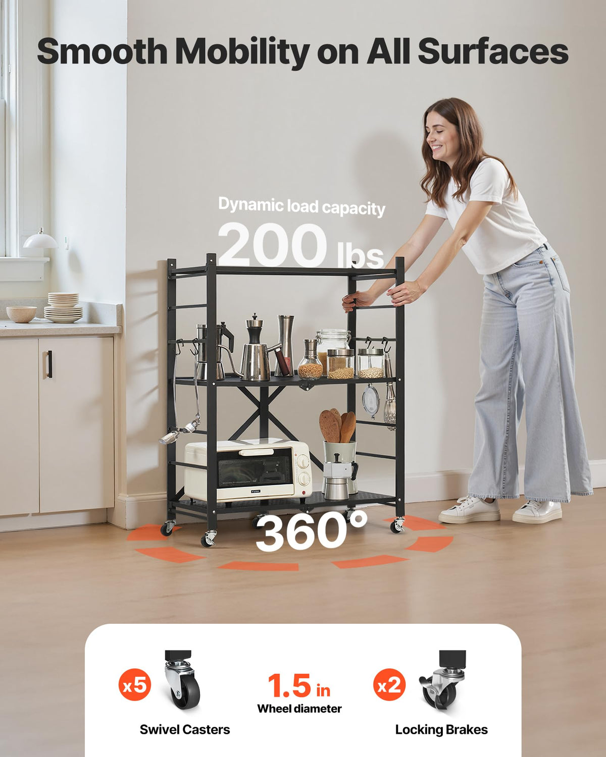 3-Tier Foldable Metal Storage Shelf with Wheels and Hooks, Black L42681