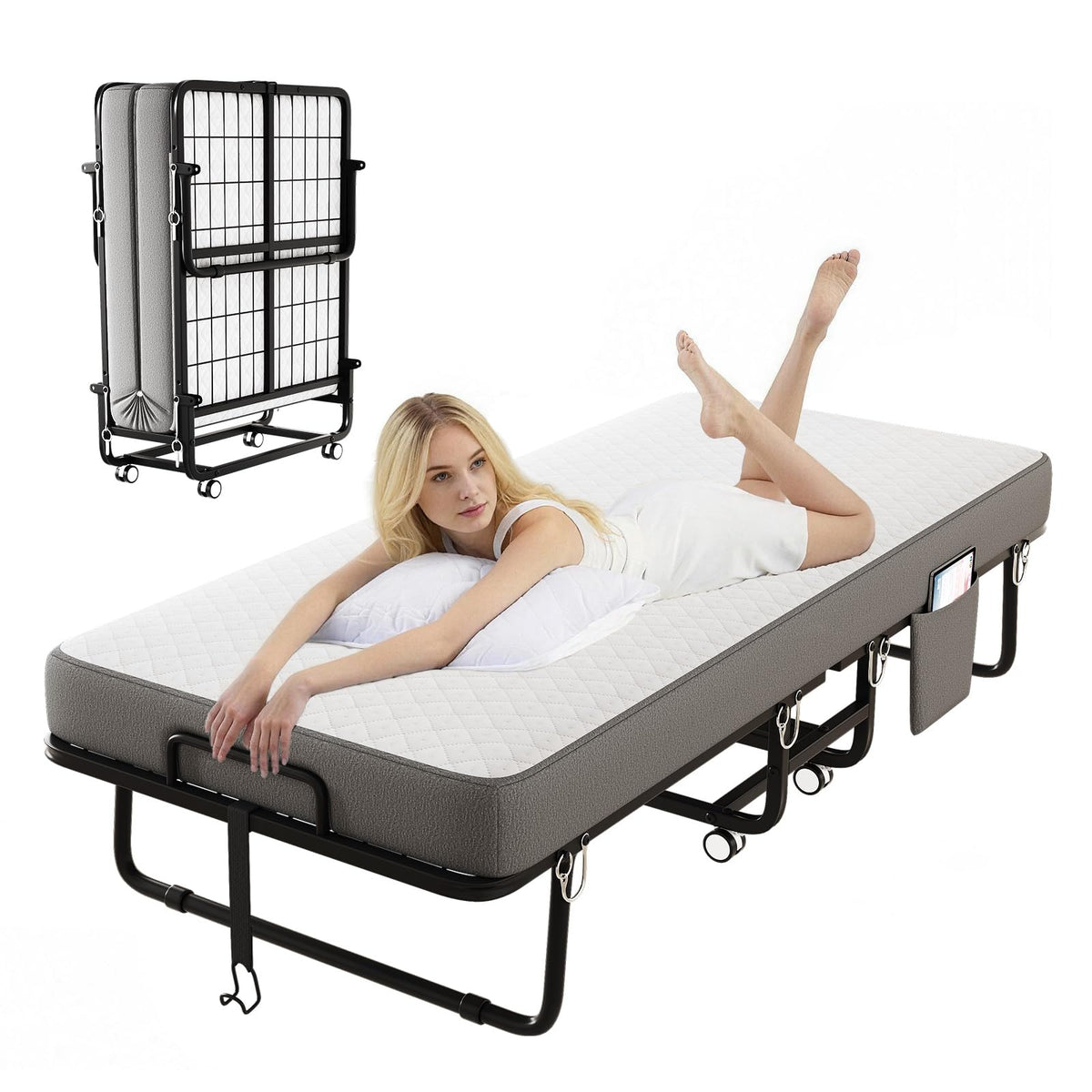 Folding Bed with Mattress, Memory Mattress Metal Frame Single Bed C9202