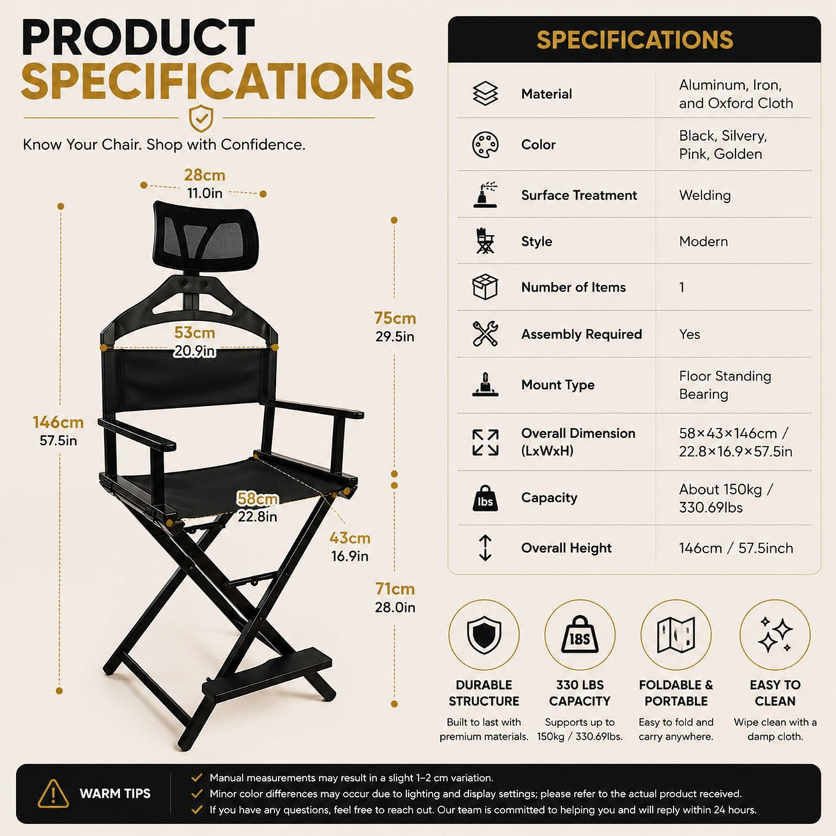 Extra Tall Aluminum Foldable Makeup Artist Chair P673131