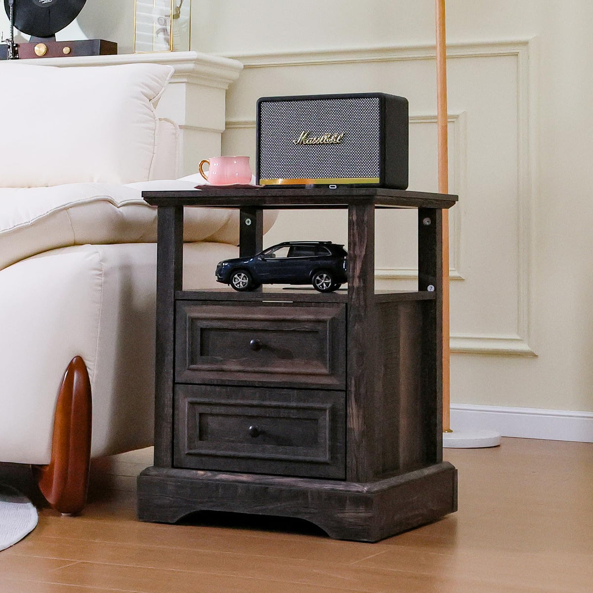 24" Tall Nightstand Set of 2 with Charging Station, 2 Drawers I868