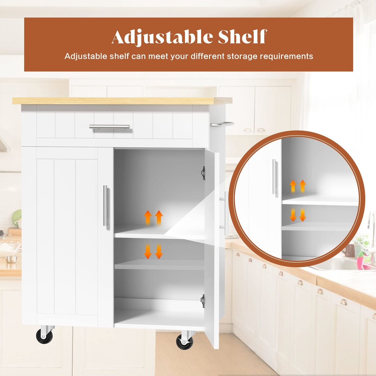 26" Rolling Kitchen Island Cart with Drawer, Shelves, Towel Rack, Lockable Casters, White G925117