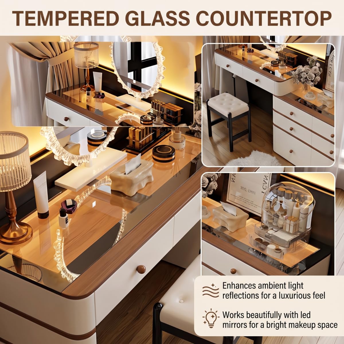 Leather Makeup Vanity with Tempered Glass Top & LED Light C888676