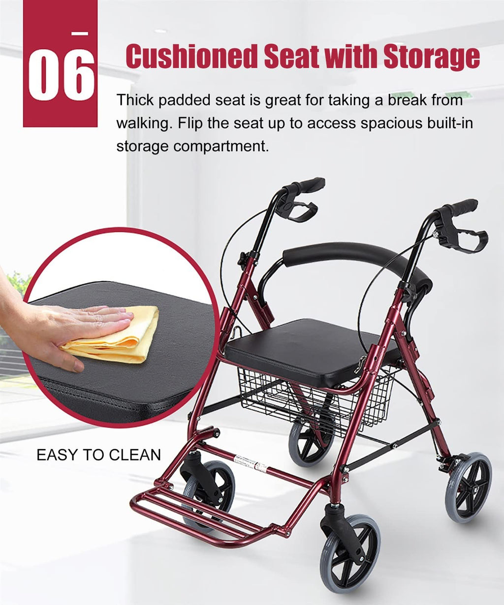 Foldable Rollator Walker with Leather Seat, 8inch Wheels, Brakes and Footrest H506