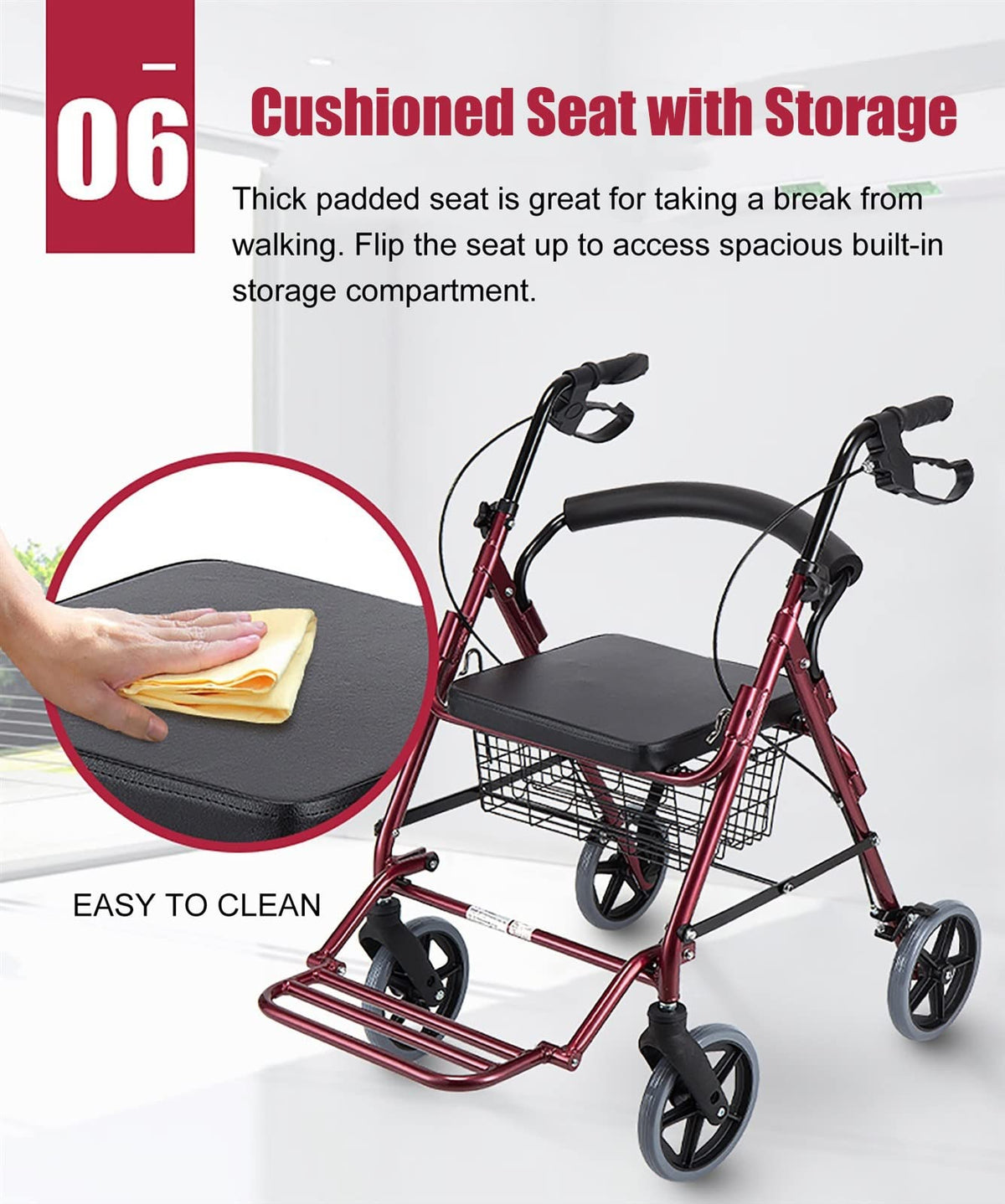 Foldable Rollator Walker with Leather Seat, 8inch Wheels, Brakes and Footrest H506