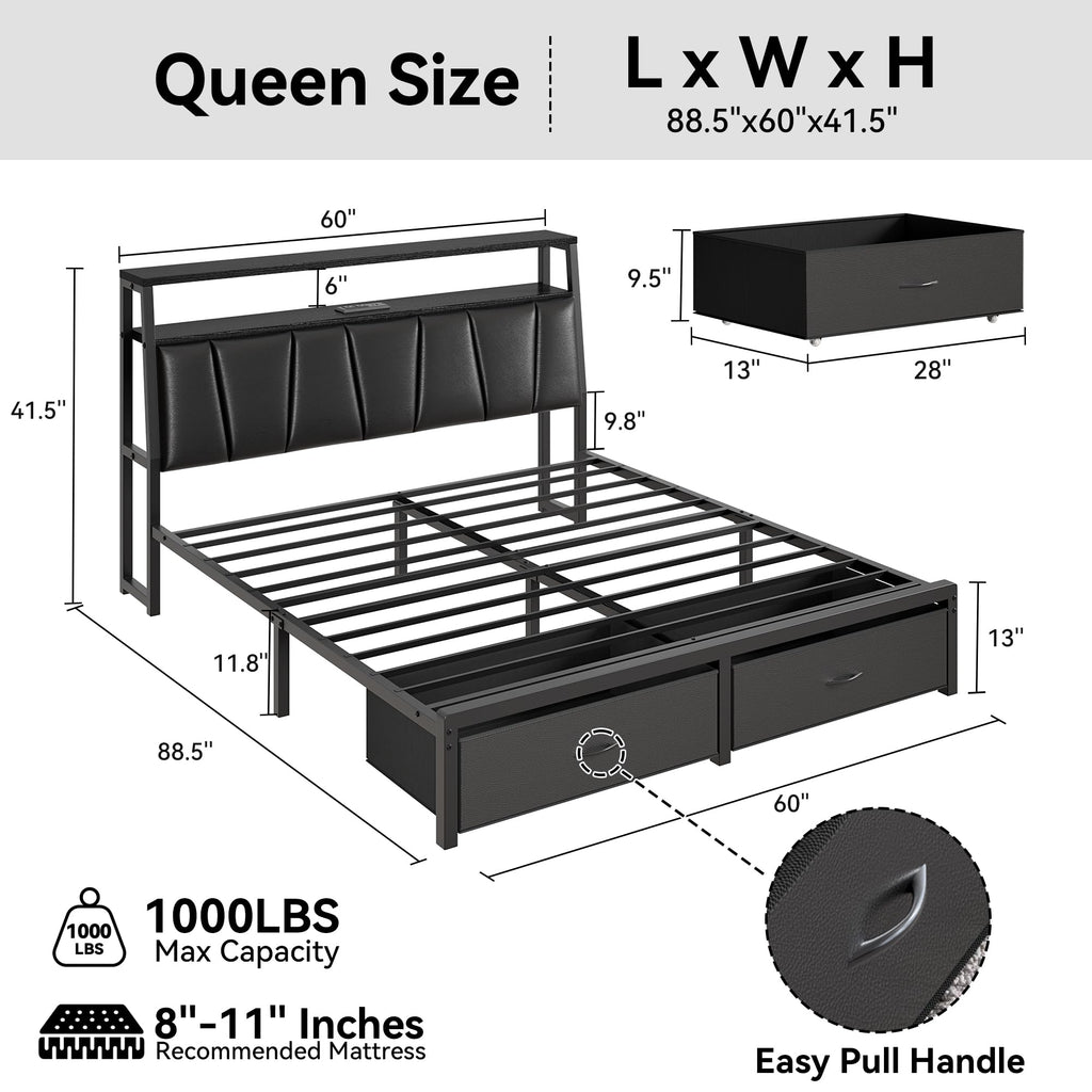 Queen Bed Frame with Storage Headboard and 2 Drawers Q41489