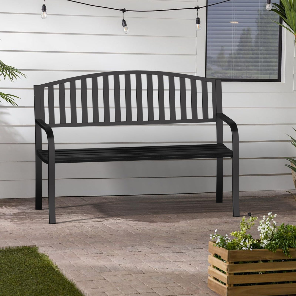 Black Wrought Iron Garden Bench with Armrests G583737