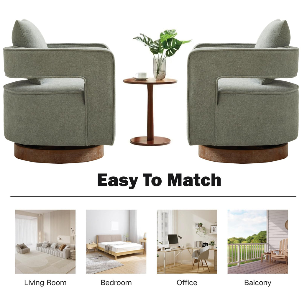 Green Linen Swivel Accent Barrel Chair Set of 2 with Solid Wood Base Q7134