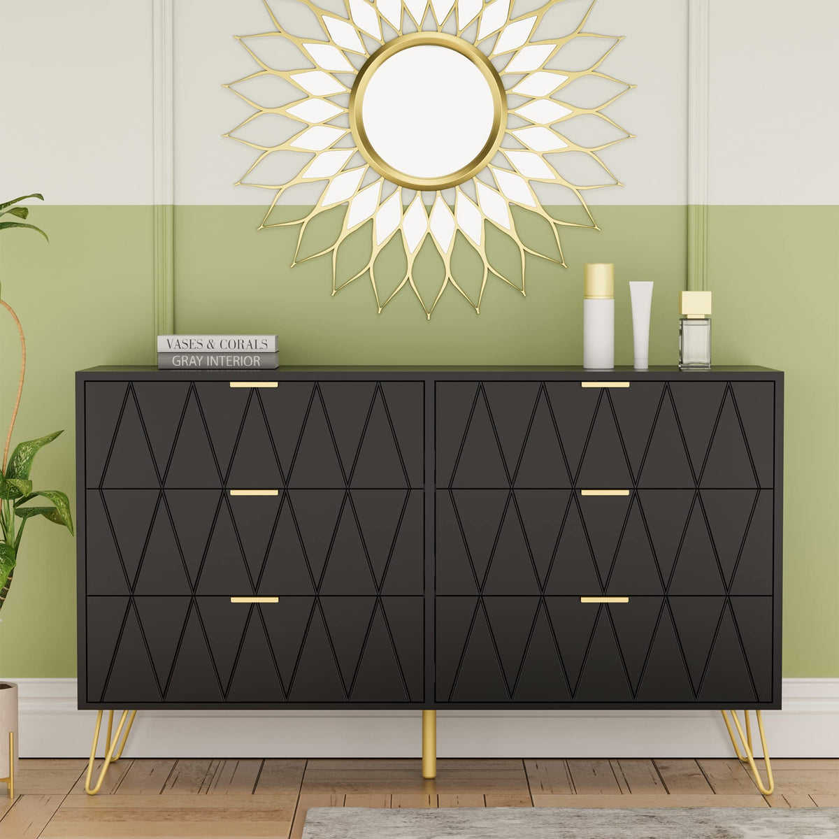 Black 6 Drawer Dresser and 2 Drawer Nightstand Set of 2 J60790