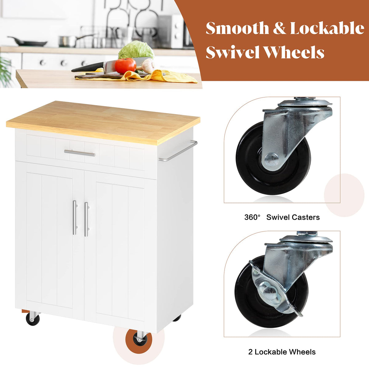 26" Rolling Kitchen Island Cart with Drawer, Shelves, Towel Rack, Lockable Casters, White G925117