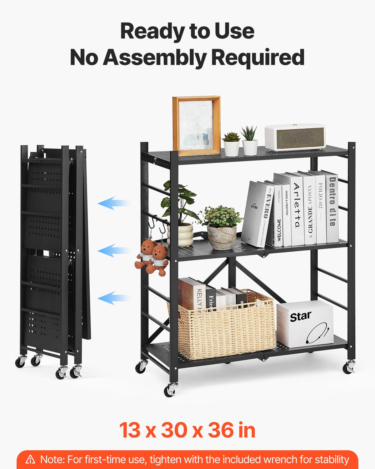 3-Tier Foldable Metal Storage Shelf with Wheels and Hooks, Black L42681
