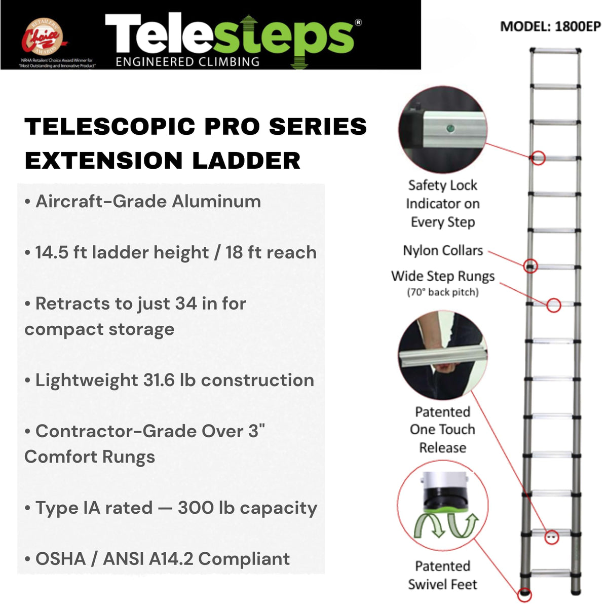 Telescoping Extension Ladder 14.5 ft 300 lb I298