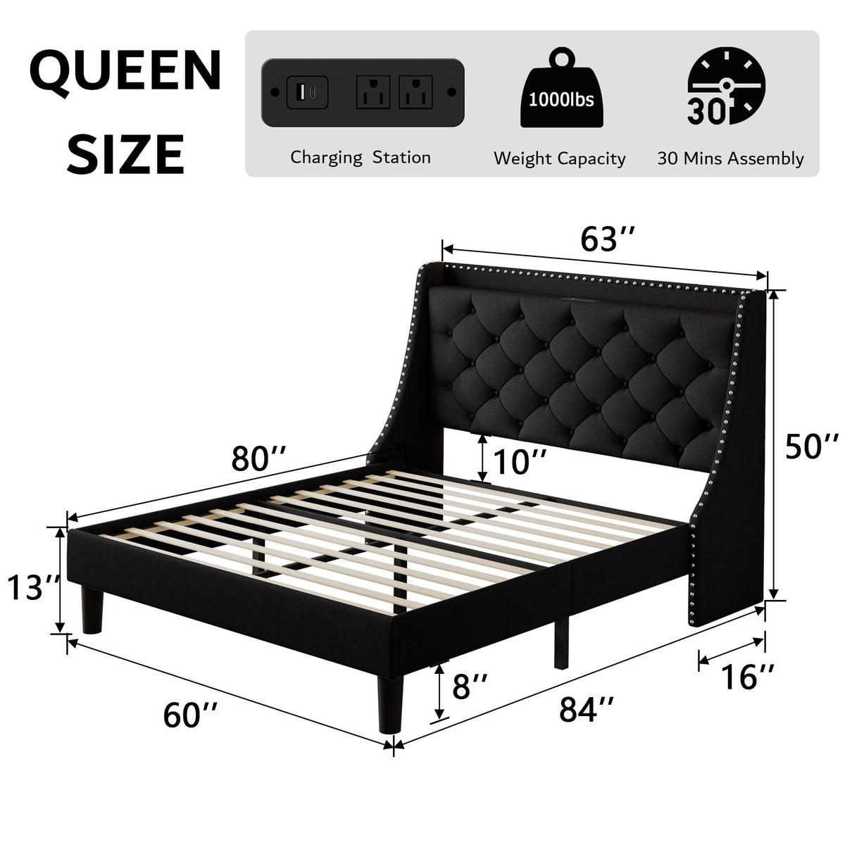 Queen Upholstered Platform Bed with Storage Headboard, Black N325