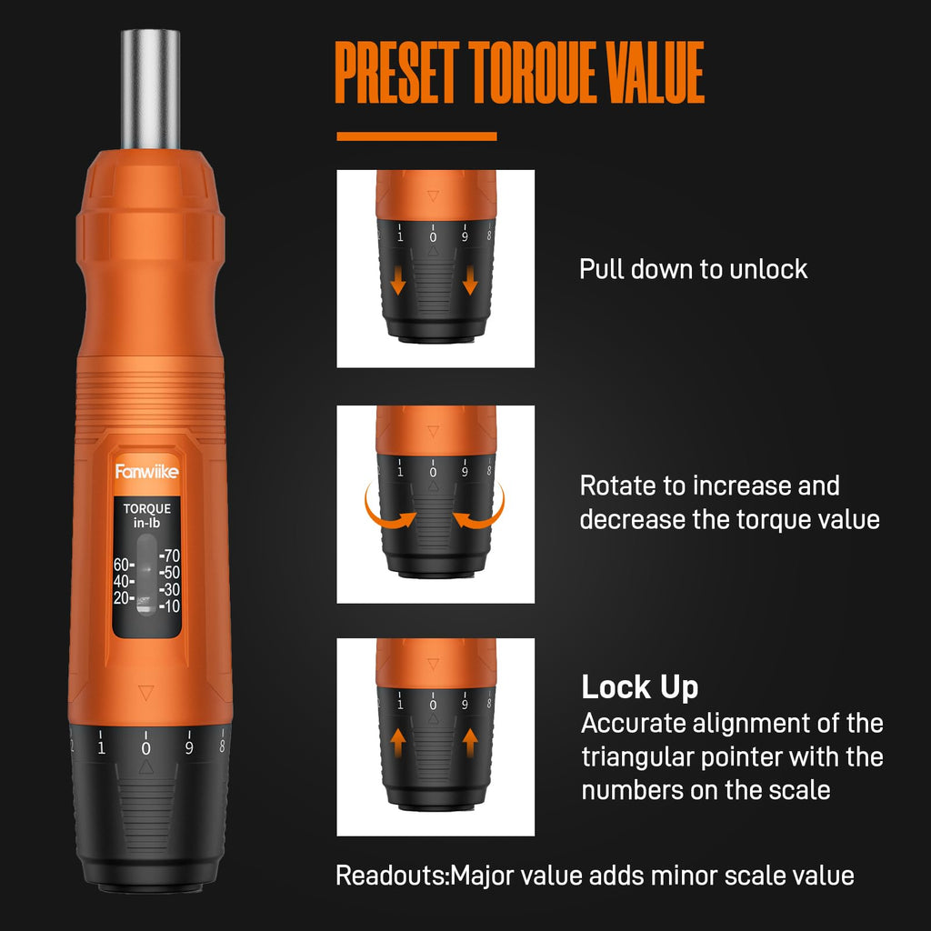 Torque Screwdriver Set, 10-70 In-lb, 1/4” Drive with Audible Click I830427