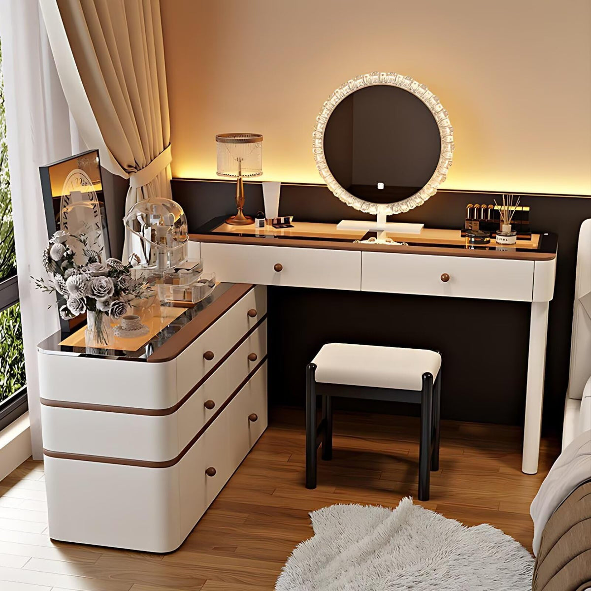 Leather Makeup Vanity with Tempered Glass Top & LED Light C888676
