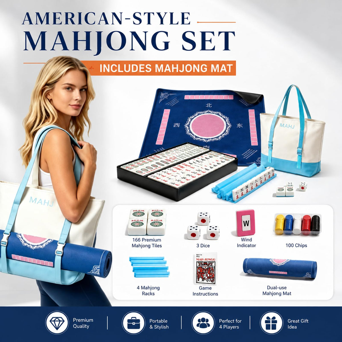 166 Deep Engraved Melamine Mahjong Set with Mat and 4 Racks C6247