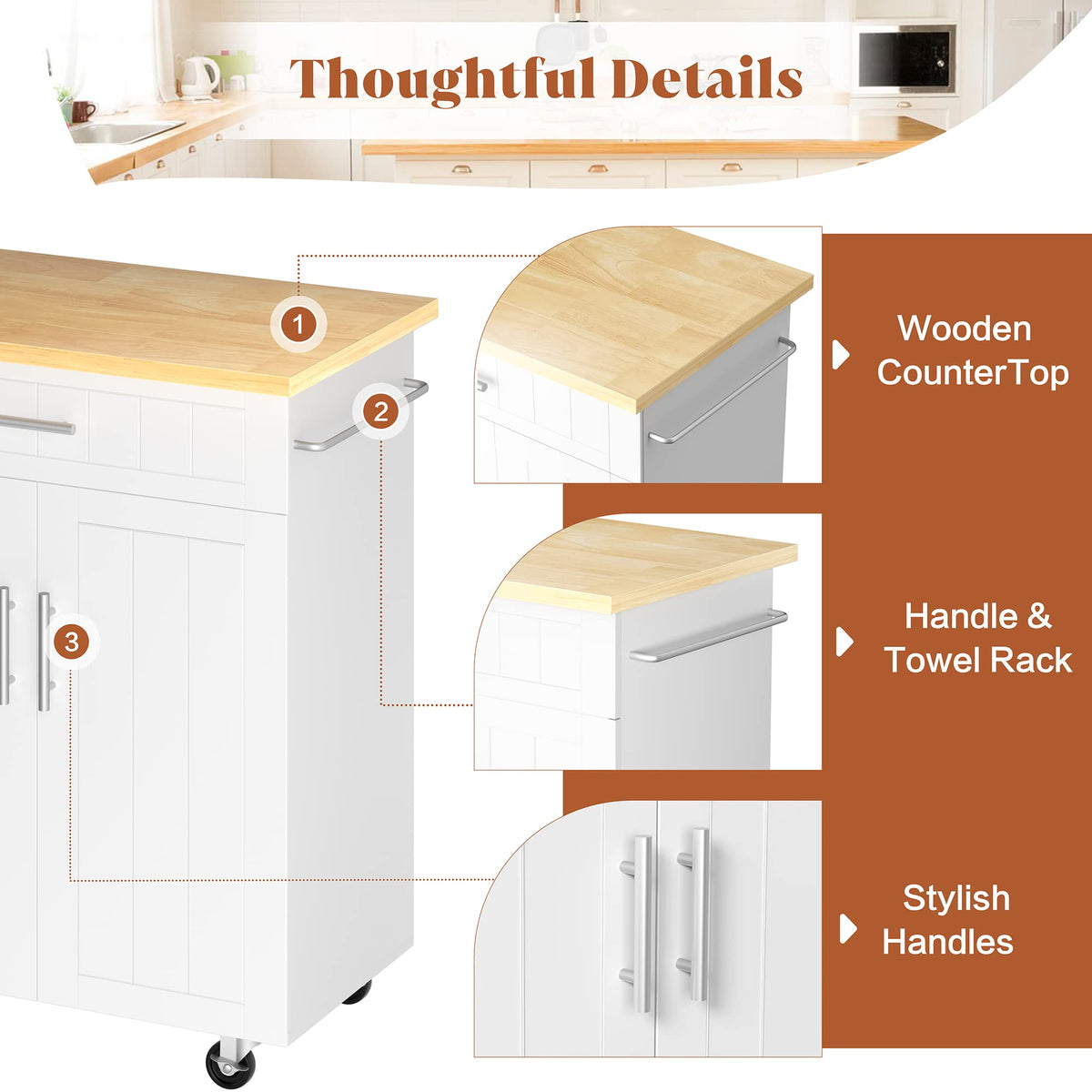 26" Rolling Kitchen Island Cart with Drawer, Shelves, Towel Rack, Lockable Casters, White G925117