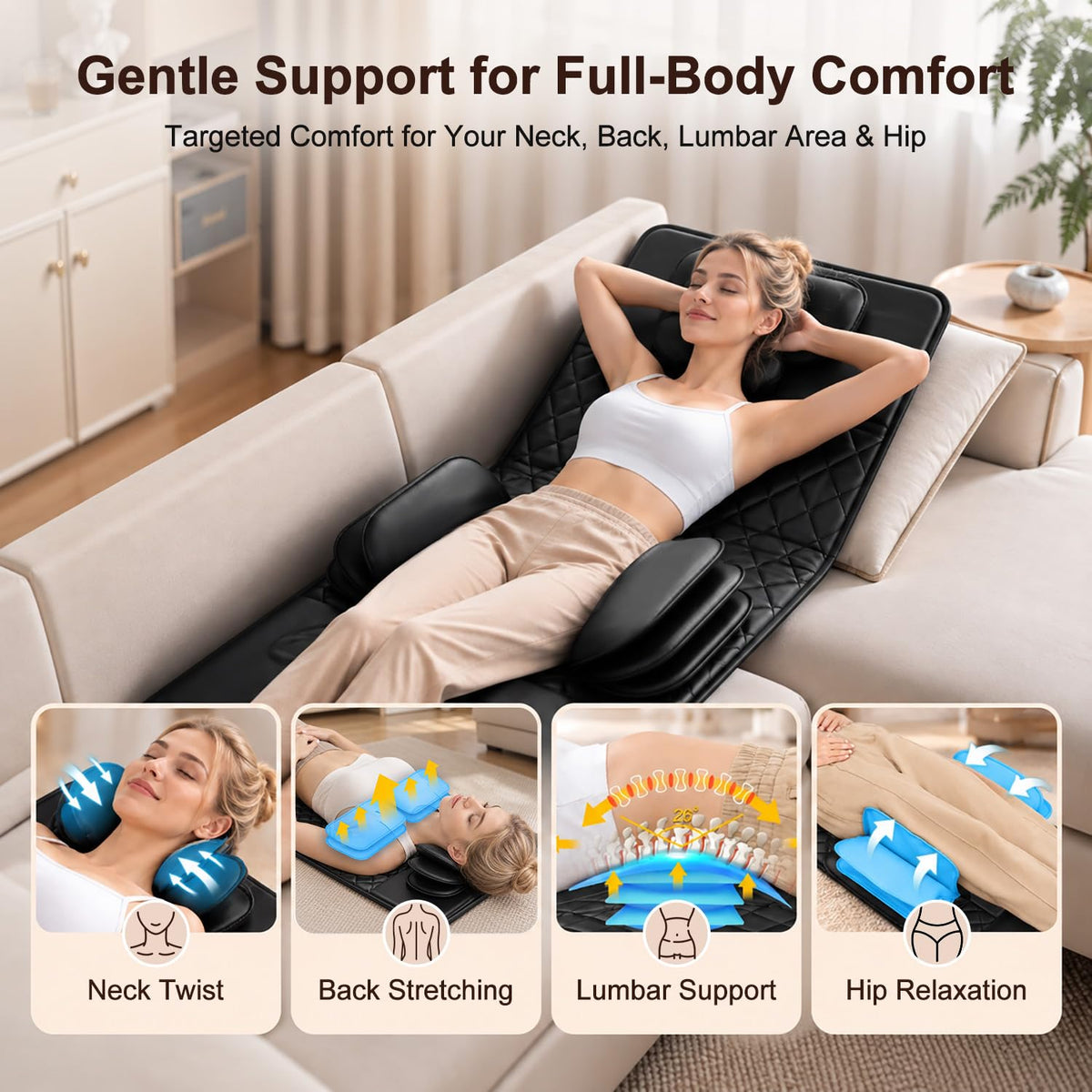 Full Body Massage Mat with Heat, 3D Stretching Back Massager Pad, 4 Modes 3 Intensities 3 Heat Levels, Portable Foldable PU Leather X5531
