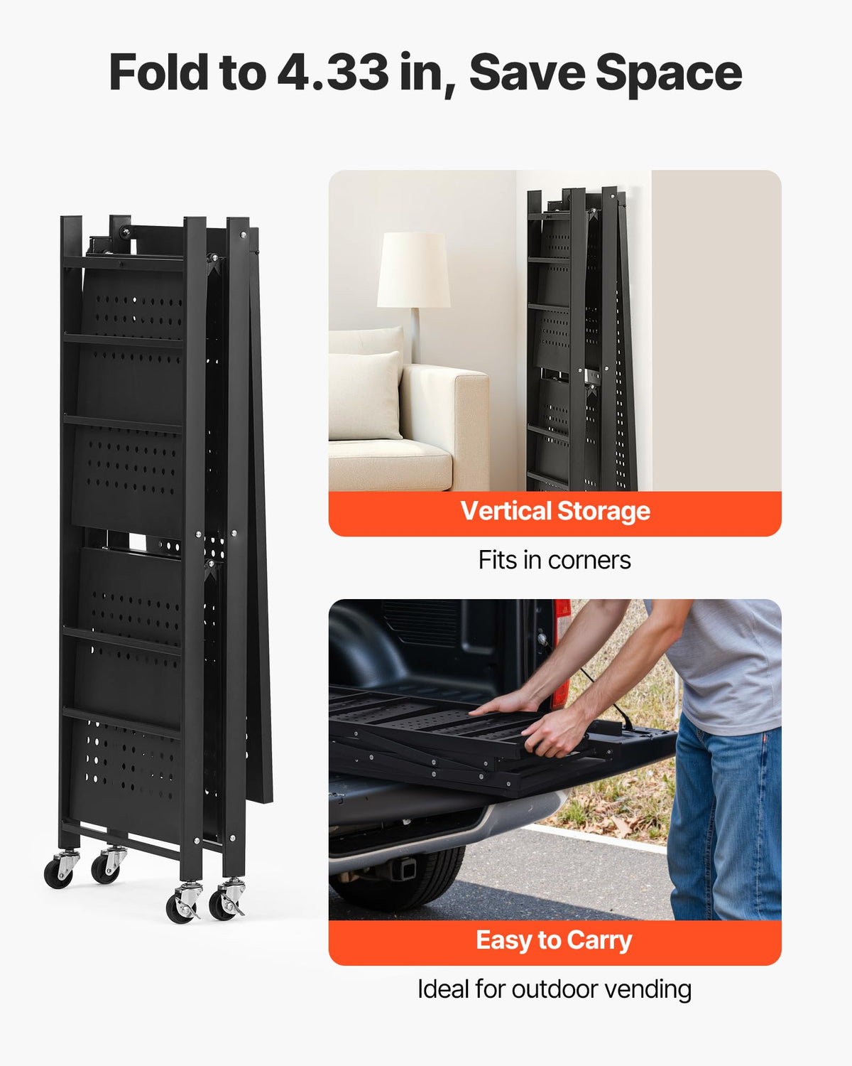 3-Tier Foldable Metal Storage Shelf with Wheels and Hooks, Black L42681